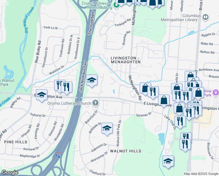 map of restaurants, bars, coffee shops, grocery stores, and more near 1835 Quarry Ridge Drive in Columbus