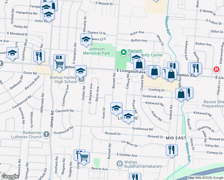 map of restaurants, bars, coffee shops, grocery stores, and more near 1383 Barnett Road in Columbus
