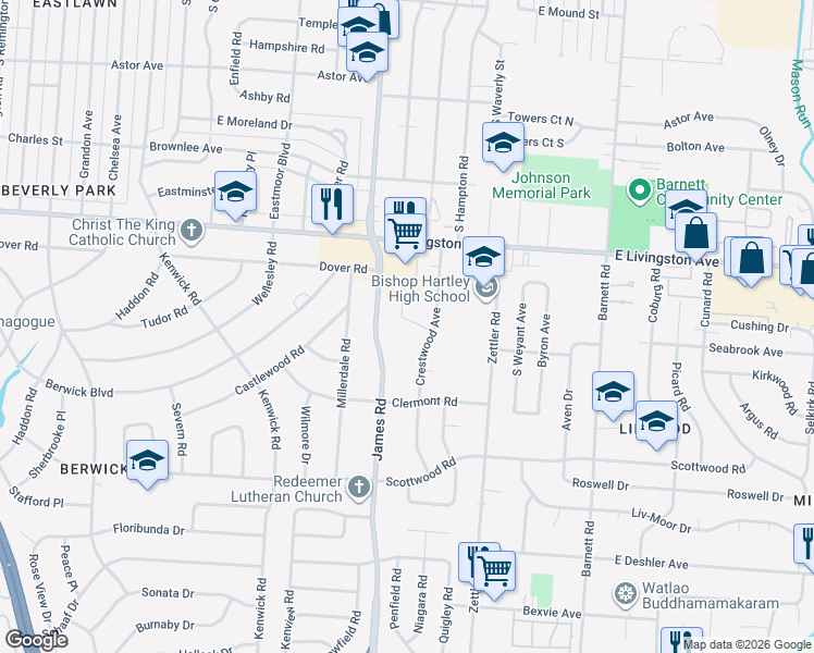 map of restaurants, bars, coffee shops, grocery stores, and more near 1353 Crestwood Avenue in Columbus