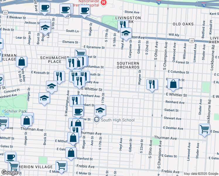 map of restaurants, bars, coffee shops, grocery stores, and more near 678 Reinhard Avenue in Columbus