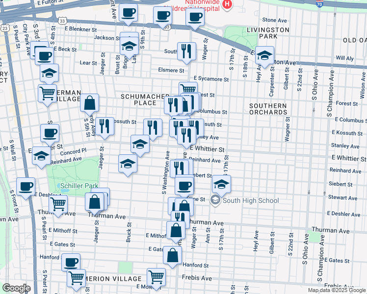 map of restaurants, bars, coffee shops, grocery stores, and more near 987 Parsons Avenue in Columbus