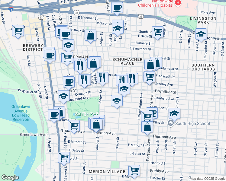 map of restaurants, bars, coffee shops, grocery stores, and more near 289 Reinhard Avenue in Columbus
