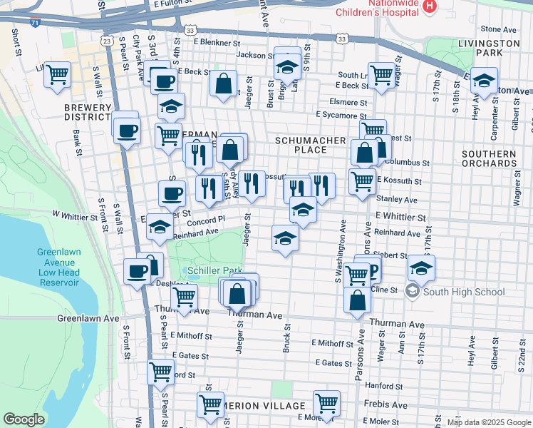 map of restaurants, bars, coffee shops, grocery stores, and more near 289 Reinhard Avenue in Columbus