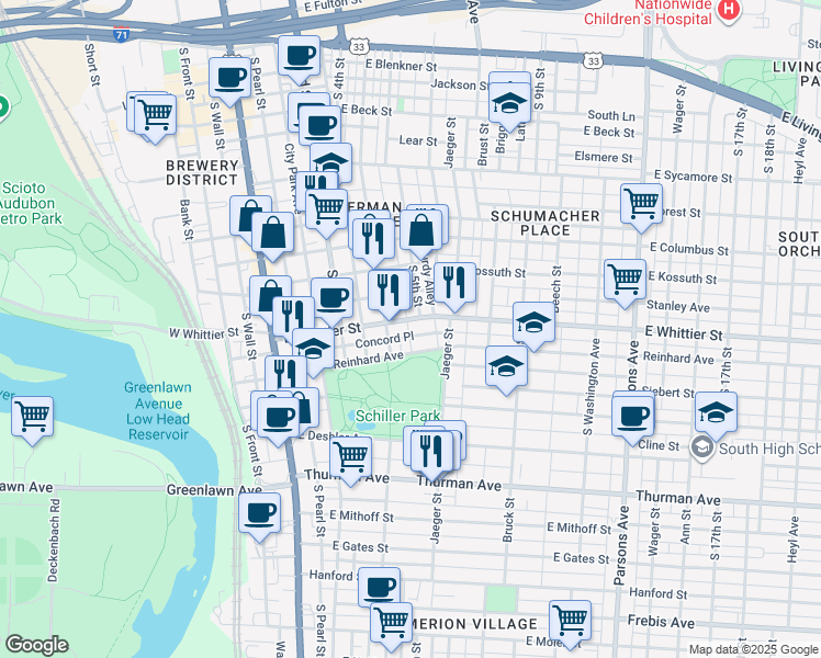 map of restaurants, bars, coffee shops, grocery stores, and more near 180 Reinhard Avenue in Columbus
