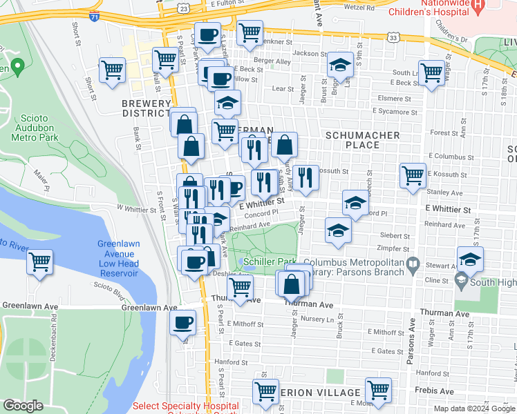 map of restaurants, bars, coffee shops, grocery stores, and more near 925 South Lazelle Street in Columbus