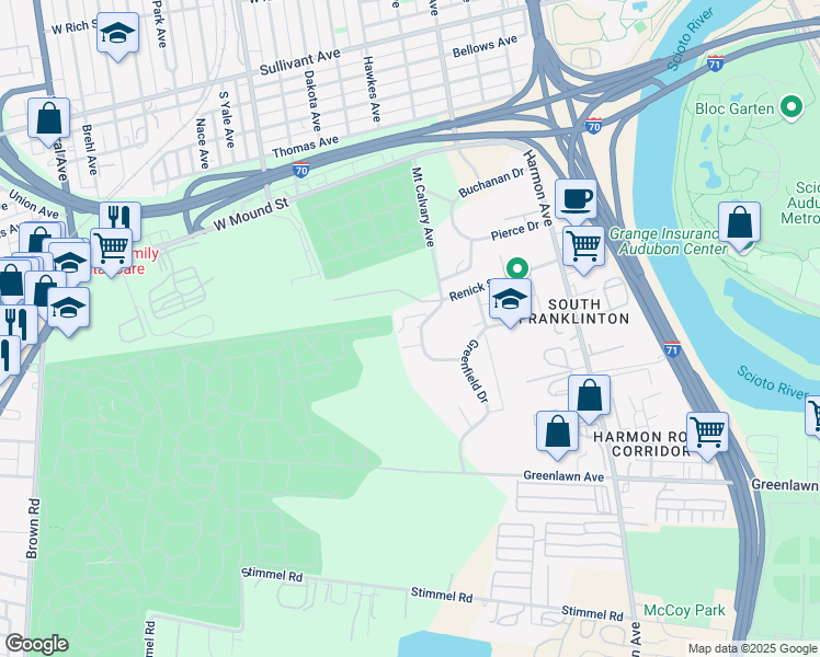 map of restaurants, bars, coffee shops, grocery stores, and more near 761 Canonby Place in Columbus