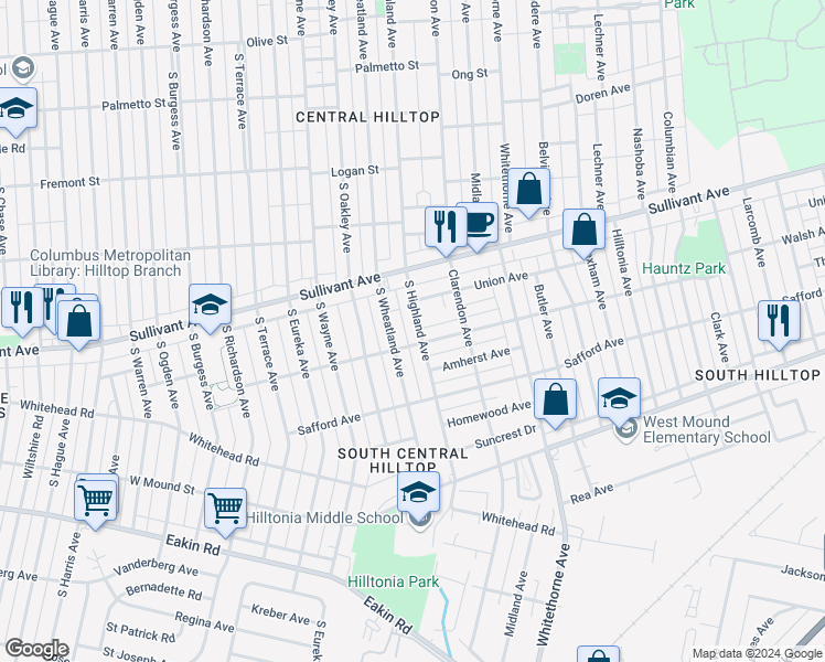 map of restaurants, bars, coffee shops, grocery stores, and more near 587 South Highland Avenue in Columbus