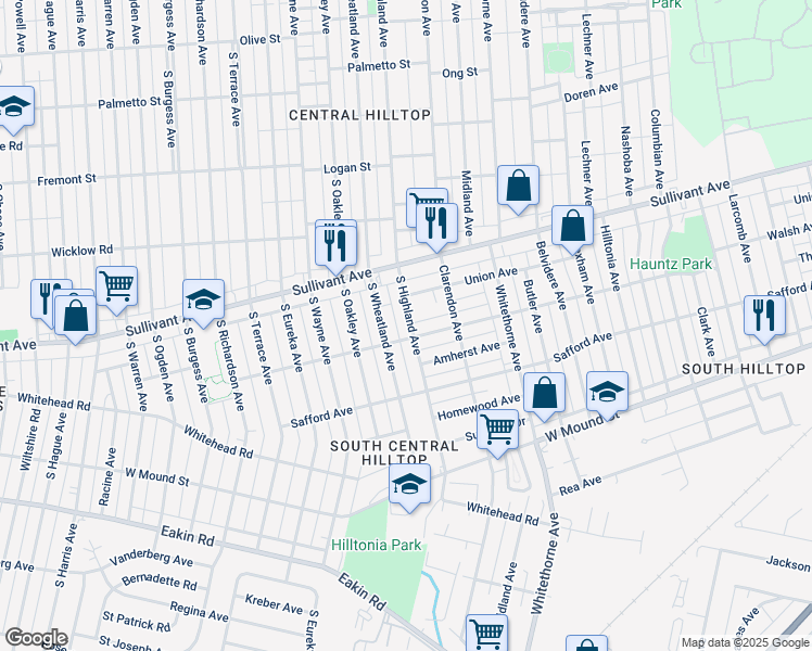 map of restaurants, bars, coffee shops, grocery stores, and more near 547 South Highland Avenue in Columbus