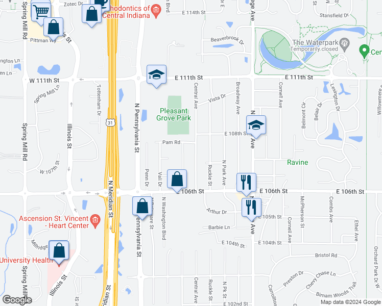 map of restaurants, bars, coffee shops, grocery stores, and more near 10762 Central Avenue in Indianapolis
