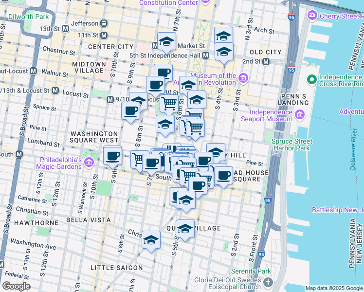 map of restaurants, bars, coffee shops, grocery stores, and more near 522 Delancey Street in Philadelphia