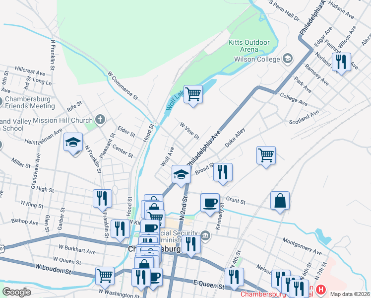 map of restaurants, bars, coffee shops, grocery stores, and more near 431 Philadelphia Avenue in Chambersburg