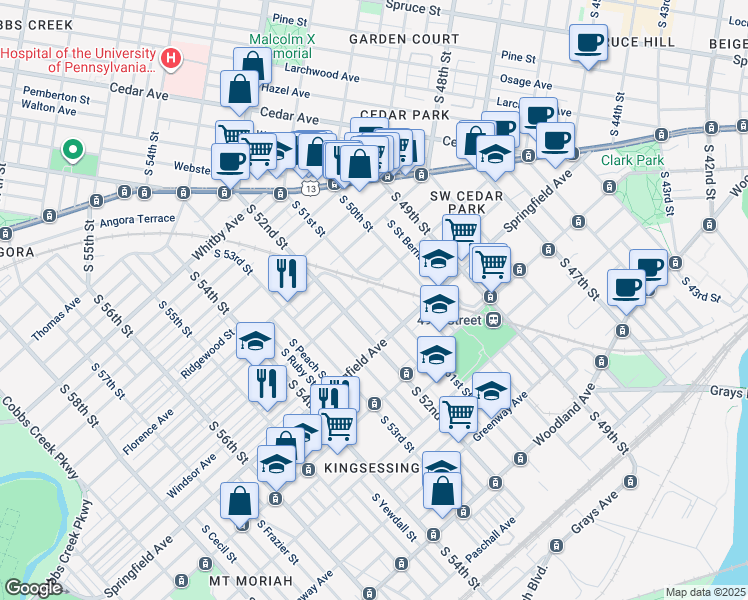 map of restaurants, bars, coffee shops, grocery stores, and more near 1010 South 51st Street in Philadelphia