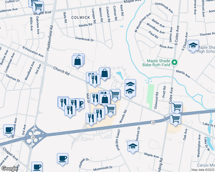 map of restaurants, bars, coffee shops, grocery stores, and more near 3008 Burroughs Mill Circle in Cherry Hill