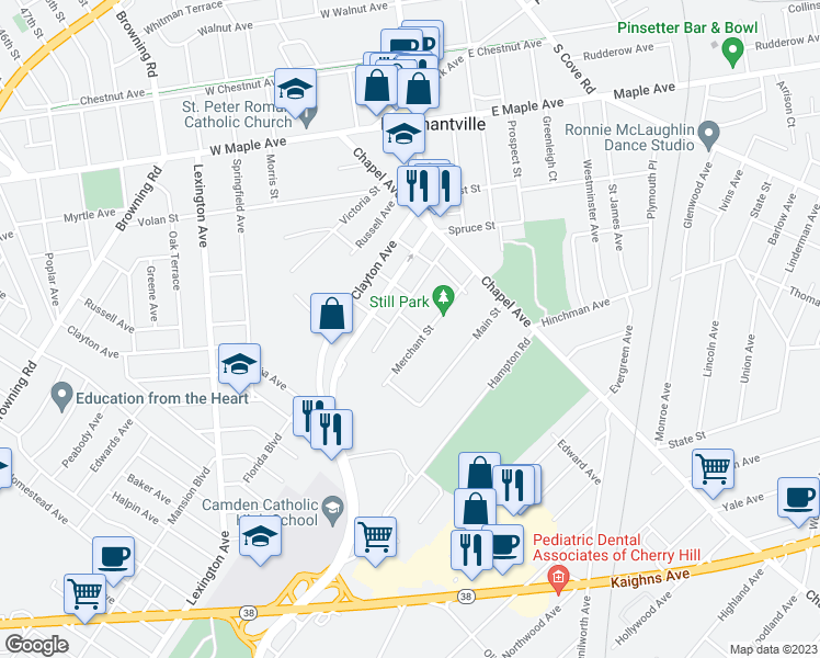 map of restaurants, bars, coffee shops, grocery stores, and more near 106 Miller Avenue in Cherry Hill
