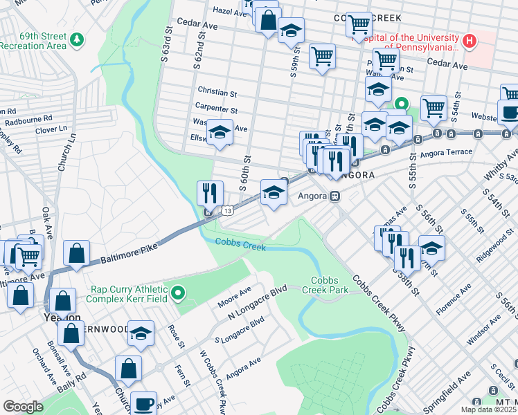 map of restaurants, bars, coffee shops, grocery stores, and more near 6001 Cedarhurst Street in Philadelphia
