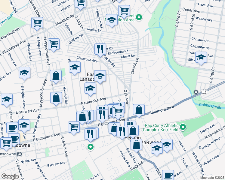map of restaurants, bars, coffee shops, grocery stores, and more near 119 Wildwood Avenue in Lansdowne