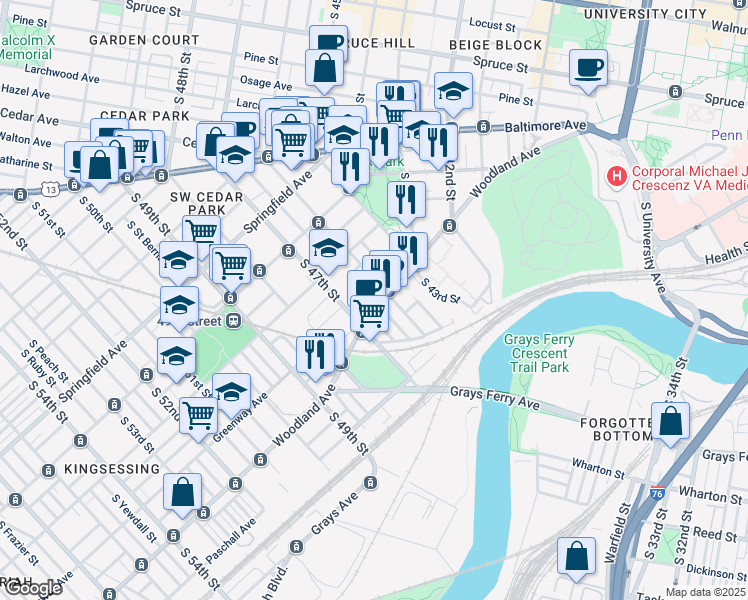 map of restaurants, bars, coffee shops, grocery stores, and more near 4617 Woodland Avenue in Philadelphia