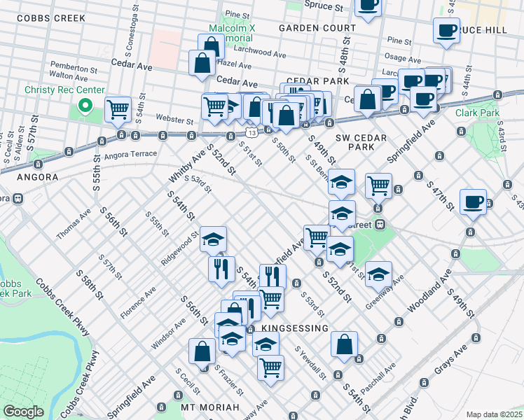 map of restaurants, bars, coffee shops, grocery stores, and more near 1018 South 52nd Street in Philadelphia