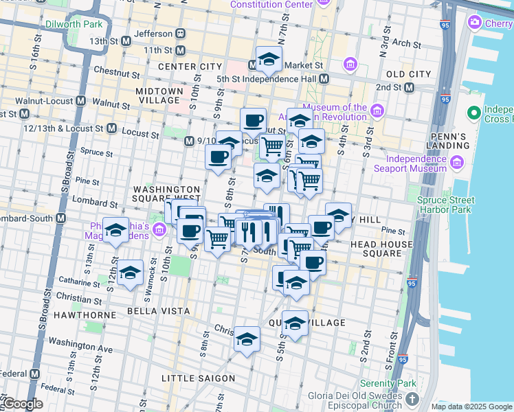 map of restaurants, bars, coffee shops, grocery stores, and more near 639 Pine Street in Philadelphia