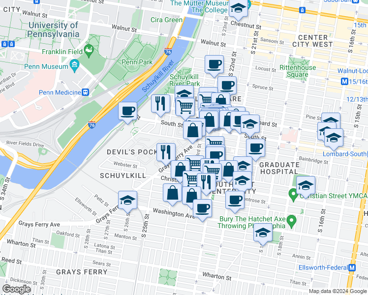 map of restaurants, bars, coffee shops, grocery stores, and more near 200 Governors Court in Philadelphia