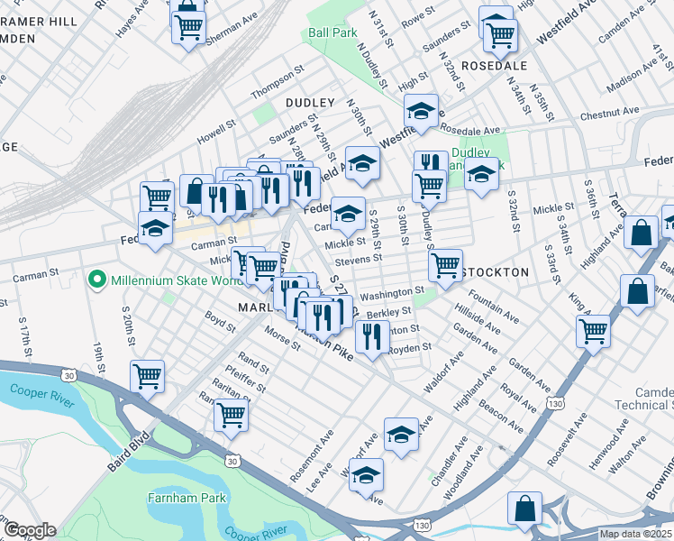 map of restaurants, bars, coffee shops, grocery stores, and more near 224 South 27th Street in Camden