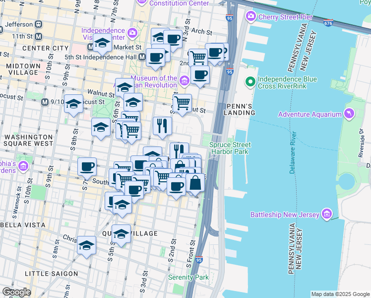 map of restaurants, bars, coffee shops, grocery stores, and more near 310 South 2nd Street in Philadelphia