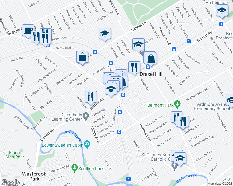map of restaurants, bars, coffee shops, grocery stores, and more near 3726 Garrett Road in Drexel Hill