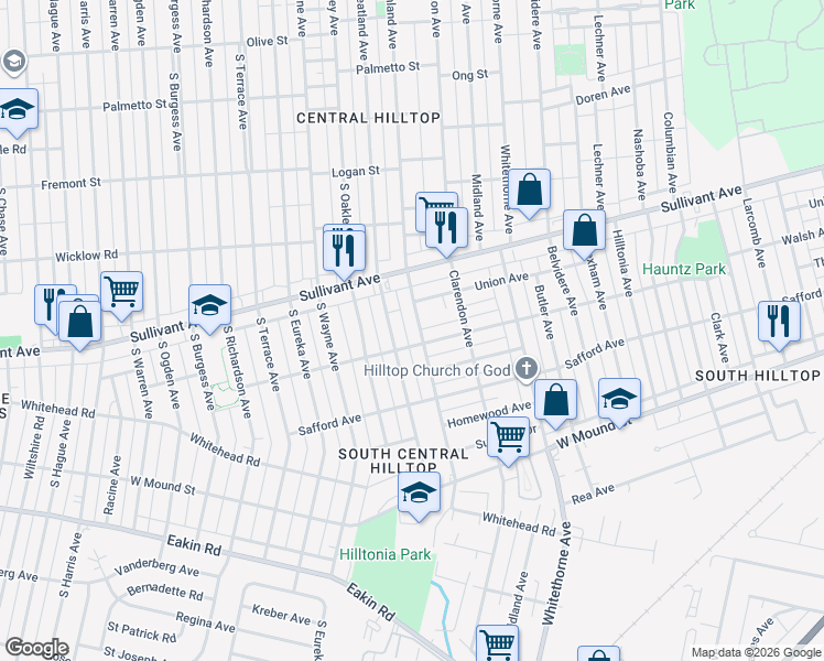 map of restaurants, bars, coffee shops, grocery stores, and more near 545 South Highland Avenue in Columbus