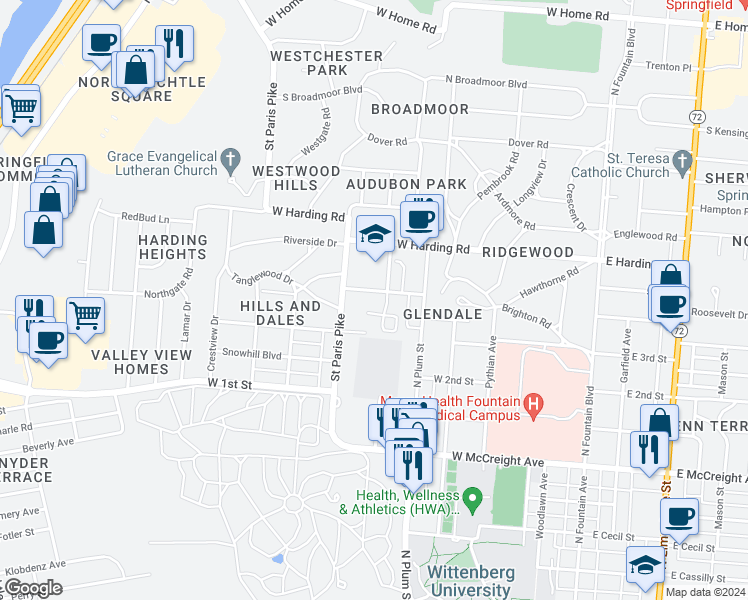 map of restaurants, bars, coffee shops, grocery stores, and more near 509 West 3rd Street in Springfield