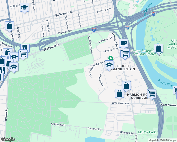 map of restaurants, bars, coffee shops, grocery stores, and more near 749 Canonby Place in Columbus