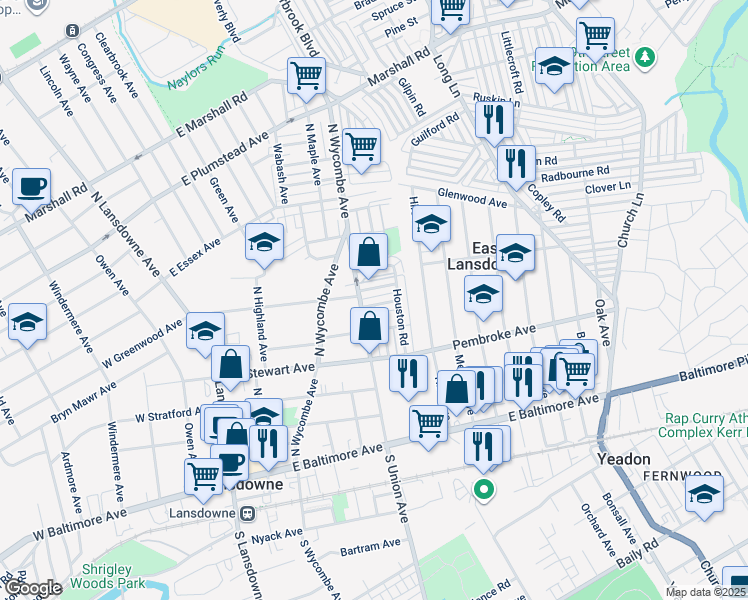 map of restaurants, bars, coffee shops, grocery stores, and more near 213 Wynnewood Avenue in Lansdowne
