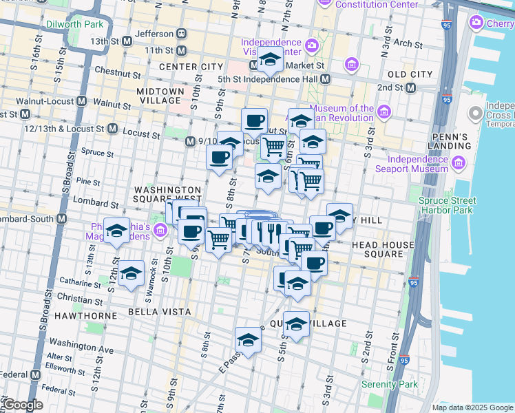 map of restaurants, bars, coffee shops, grocery stores, and more near 639 Pine Street in Philadelphia