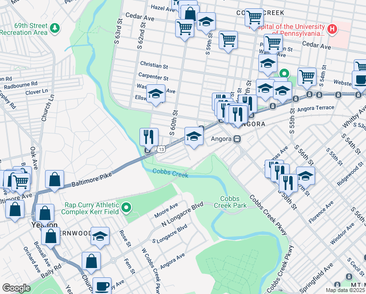 map of restaurants, bars, coffee shops, grocery stores, and more near 6001 Cedarhurst Street in Philadelphia