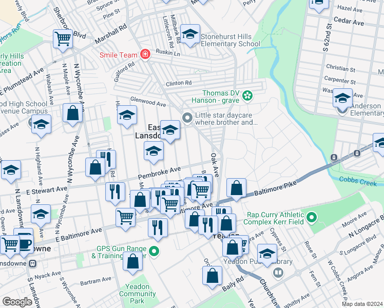 map of restaurants, bars, coffee shops, grocery stores, and more near 119 Wildwood Avenue in Lansdowne