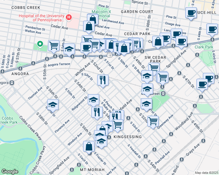 map of restaurants, bars, coffee shops, grocery stores, and more near 5217 Beaumont Avenue in Philadelphia