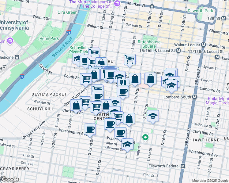 map of restaurants, bars, coffee shops, grocery stores, and more near 500 Admirals Way in Philadelphia