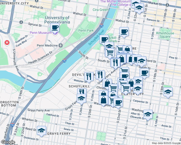 map of restaurants, bars, coffee shops, grocery stores, and more near 702 Captains Way in Philadelphia