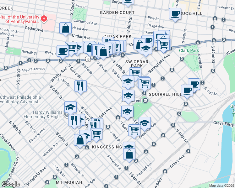map of restaurants, bars, coffee shops, grocery stores, and more near 5013 Springfield Avenue in Philadelphia