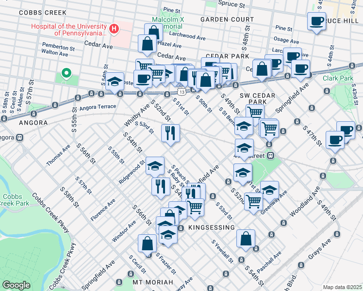 map of restaurants, bars, coffee shops, grocery stores, and more near 5217 Beaumont Avenue in Philadelphia