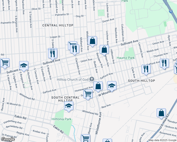 map of restaurants, bars, coffee shops, grocery stores, and more near 2169 Amherst Avenue in Columbus
