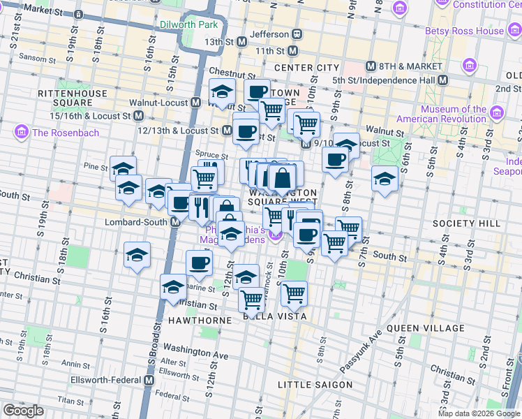 map of restaurants, bars, coffee shops, grocery stores, and more near 421 South Jessup Street in Philadelphia