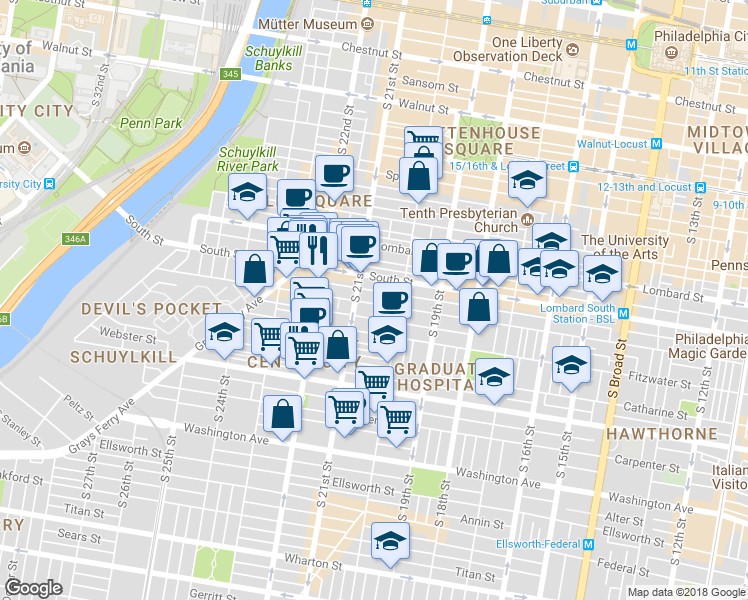 map of restaurants, bars, coffee shops, grocery stores, and more near 2031 Bainbridge Street in Philadelphia