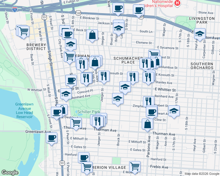 map of restaurants, bars, coffee shops, grocery stores, and more near 289 Reinhard Avenue in Columbus