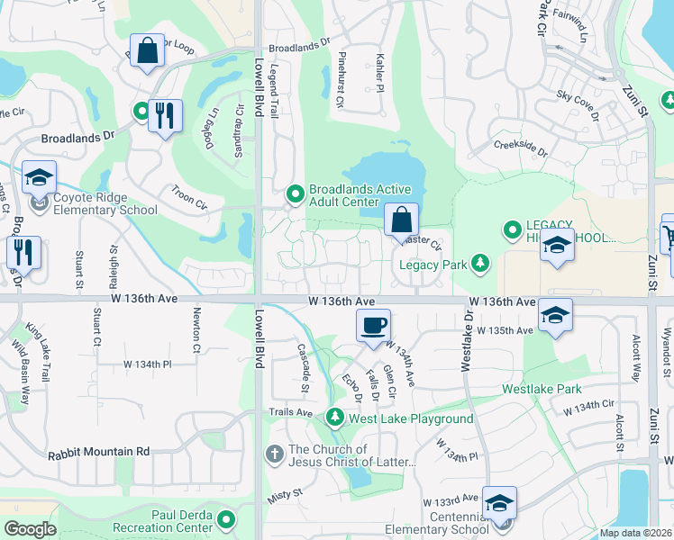 map of restaurants, bars, coffee shops, grocery stores, and more near 3215 Boulder Circle in Broomfield