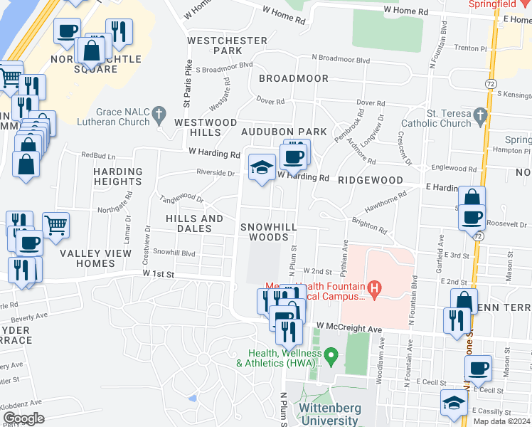 map of restaurants, bars, coffee shops, grocery stores, and more near 505 West 3rd Street in Springfield