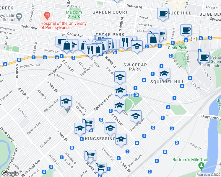 map of restaurants, bars, coffee shops, grocery stores, and more near 5016 Warrington Avenue in Philadelphia