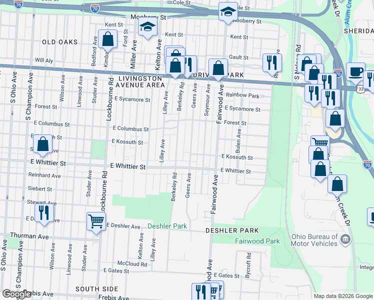 map of restaurants, bars, coffee shops, grocery stores, and more near 1062 Geers Avenue in Columbus