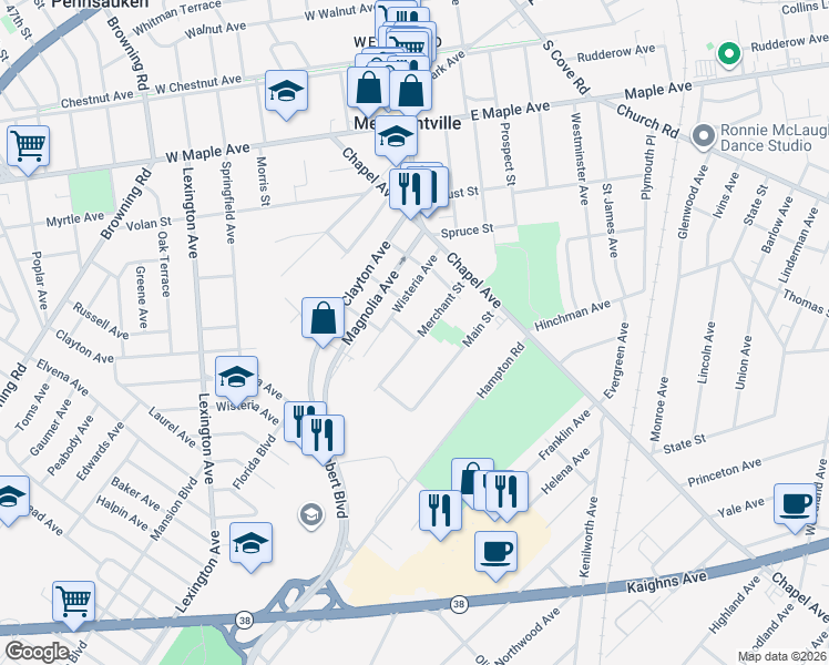 map of restaurants, bars, coffee shops, grocery stores, and more near 538 Merchant Street in Cherry Hill