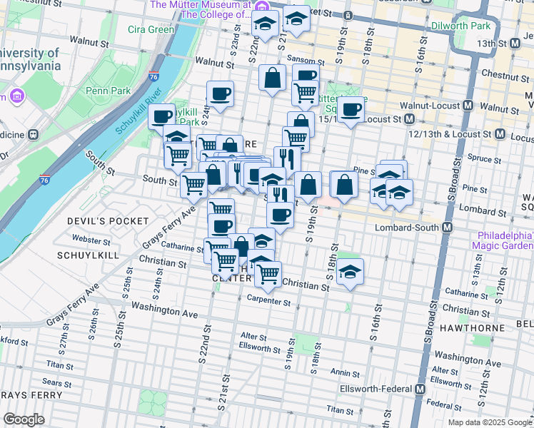 map of restaurants, bars, coffee shops, grocery stores, and more near 2031 Bainbridge Street in Philadelphia