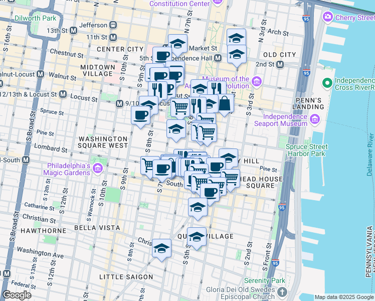 map of restaurants, bars, coffee shops, grocery stores, and more near 311-13 South 6th Street in Philadelphia